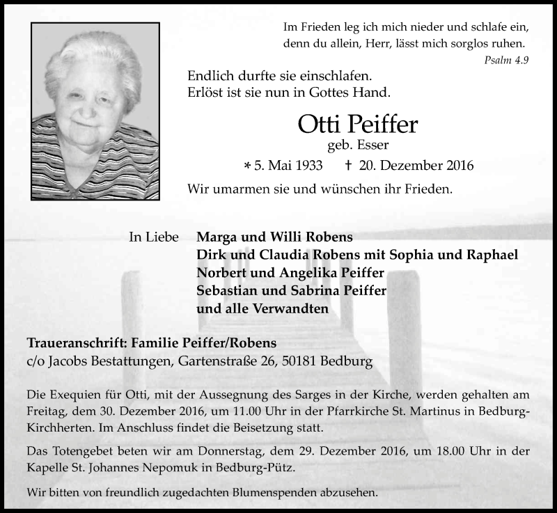  Traueranzeige für Otti Peiffer vom 24.12.2016 aus Kölner Stadt-Anzeiger / Kölnische Rundschau / Express