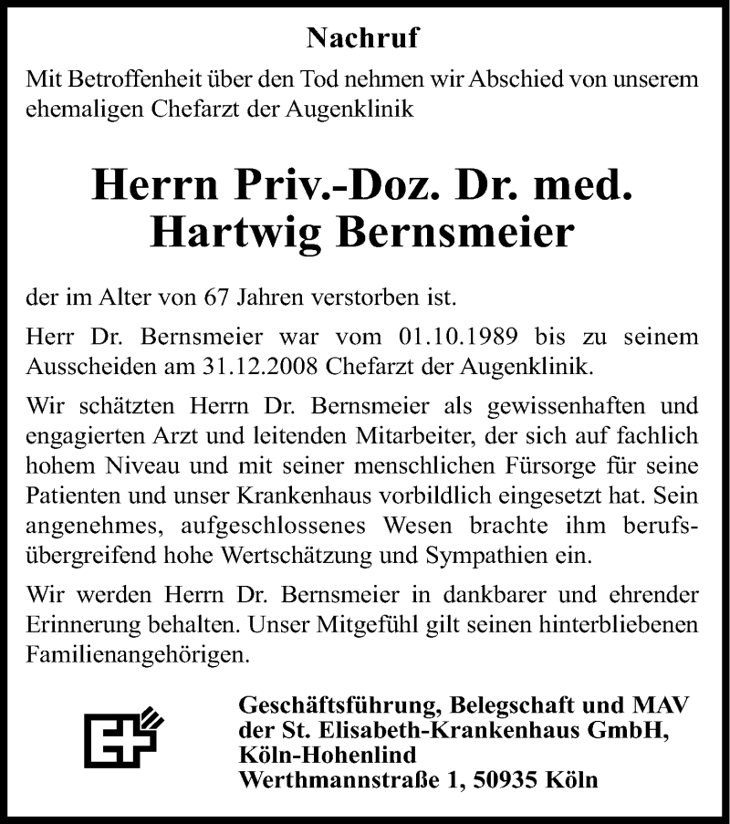  Traueranzeige für Hartwig Bernsmeier vom 10.12.2016 aus Kölner Stadt-Anzeiger / Kölnische Rundschau / Express