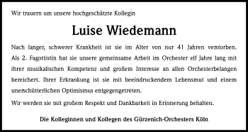 Anzeige von Luise Wiedemann von Kölner Stadt-Anzeiger / Kölnische Rundschau / Express