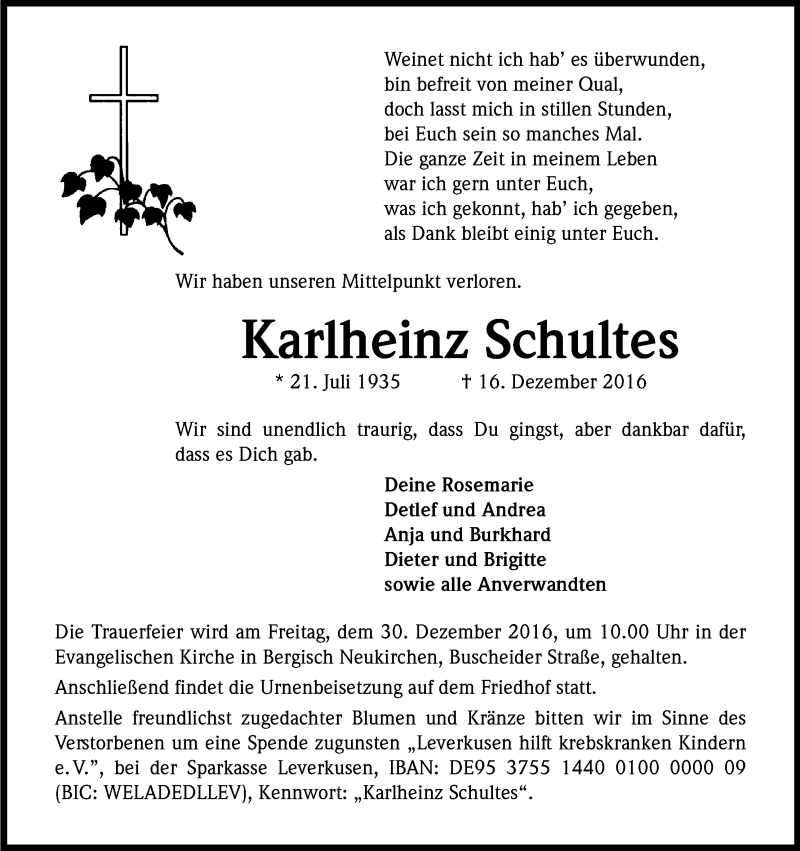  Traueranzeige für Karlheinz Schultes vom 23.12.2016 aus Kölner Stadt-Anzeiger / Kölnische Rundschau / Express
