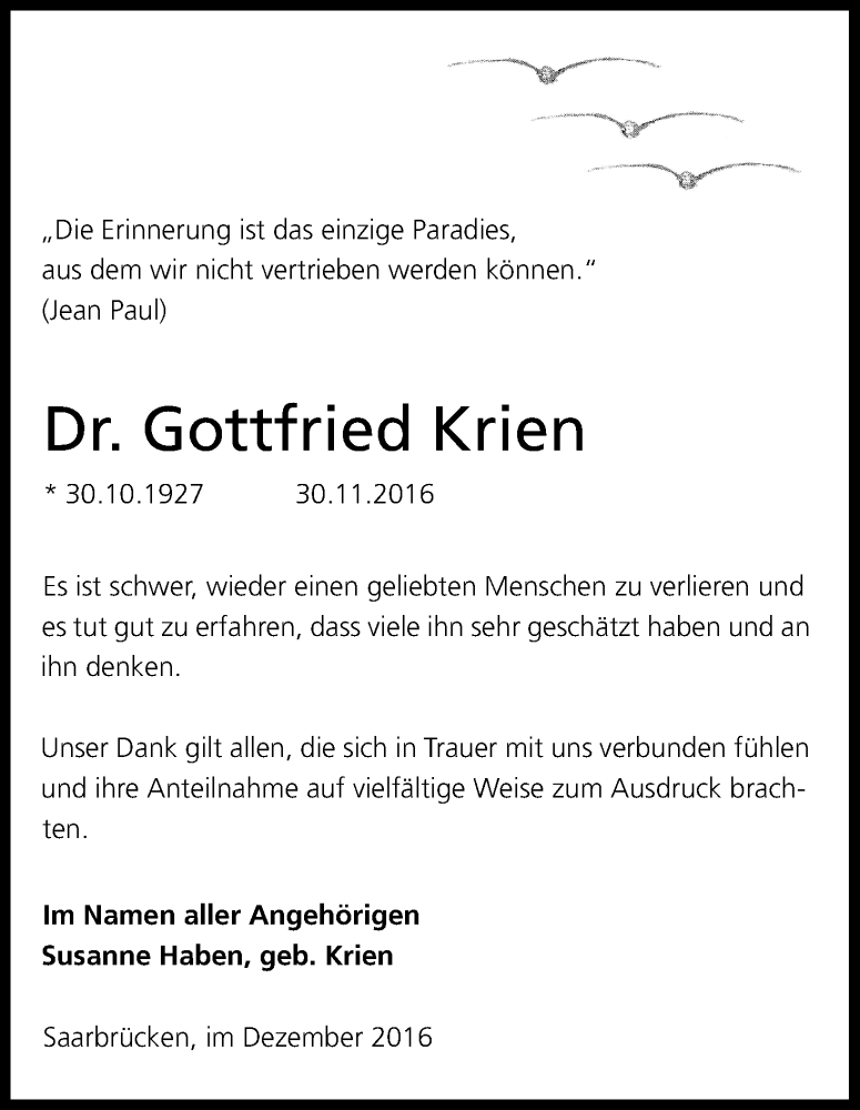  Traueranzeige für Gottfried Krien vom 24.12.2016 aus Kölner Stadt-Anzeiger / Kölnische Rundschau / Express