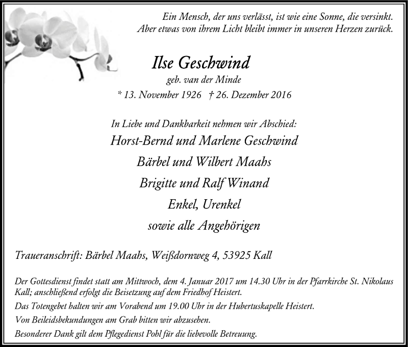  Traueranzeige für Ilse Geschwind vom 31.12.2016 aus Kölner Stadt-Anzeiger / Kölnische Rundschau / Express