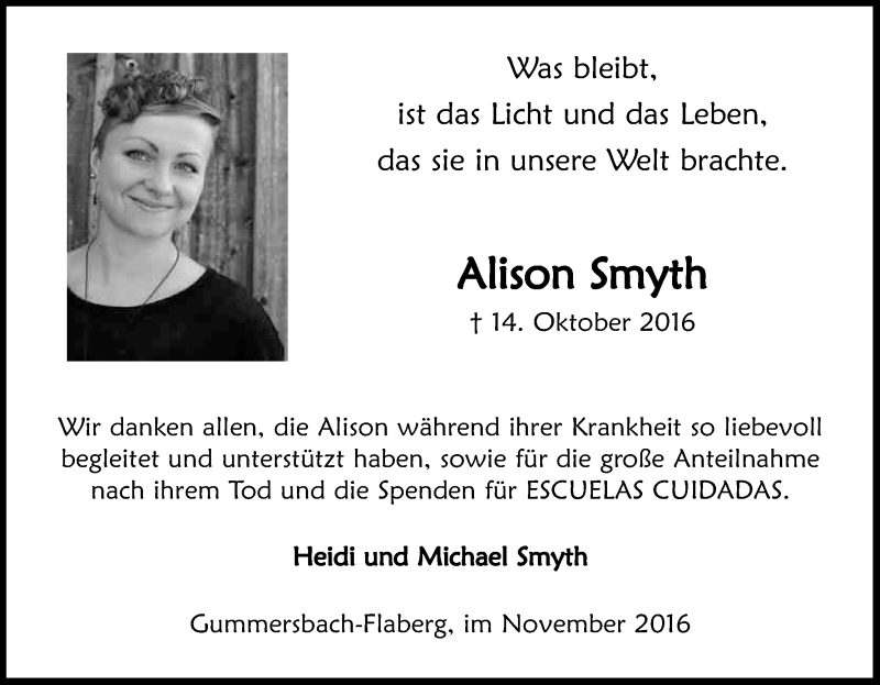  Traueranzeige für Alison Smyth vom 02.12.2016 aus Kölner Stadt-Anzeiger / Kölnische Rundschau / Express