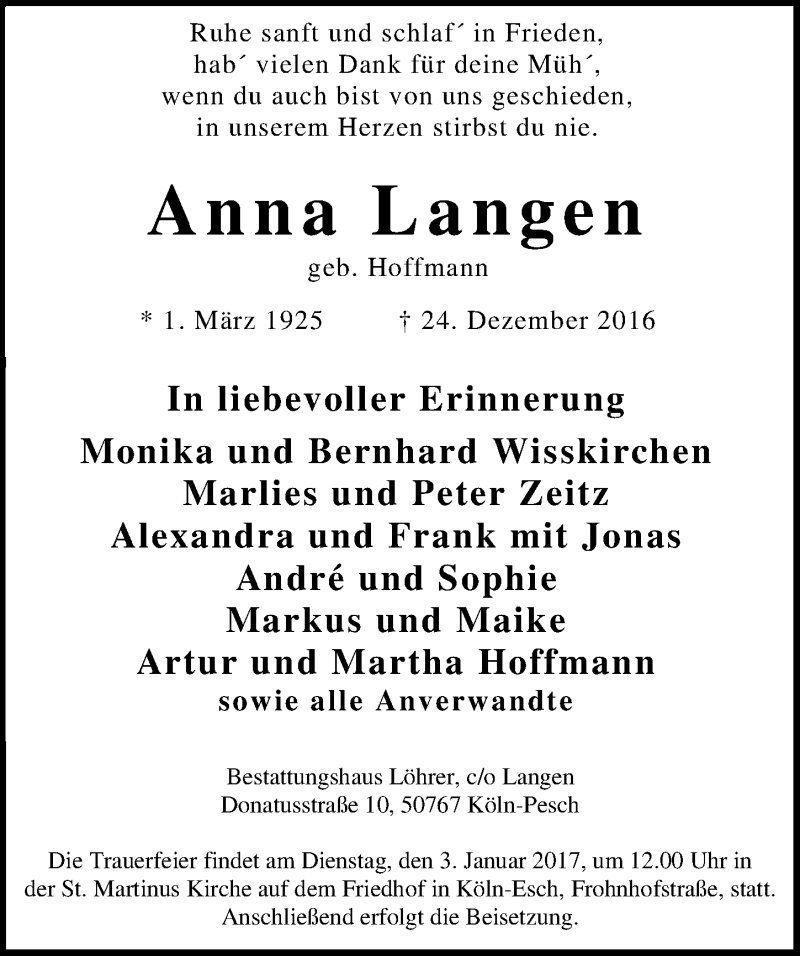  Traueranzeige für Anna Langen vom 31.12.2016 aus  Sonntags-Post 