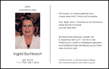 Anzeige von Ingrid Eschbach von Kölner Stadt-Anzeiger / Kölnische Rundschau / Express