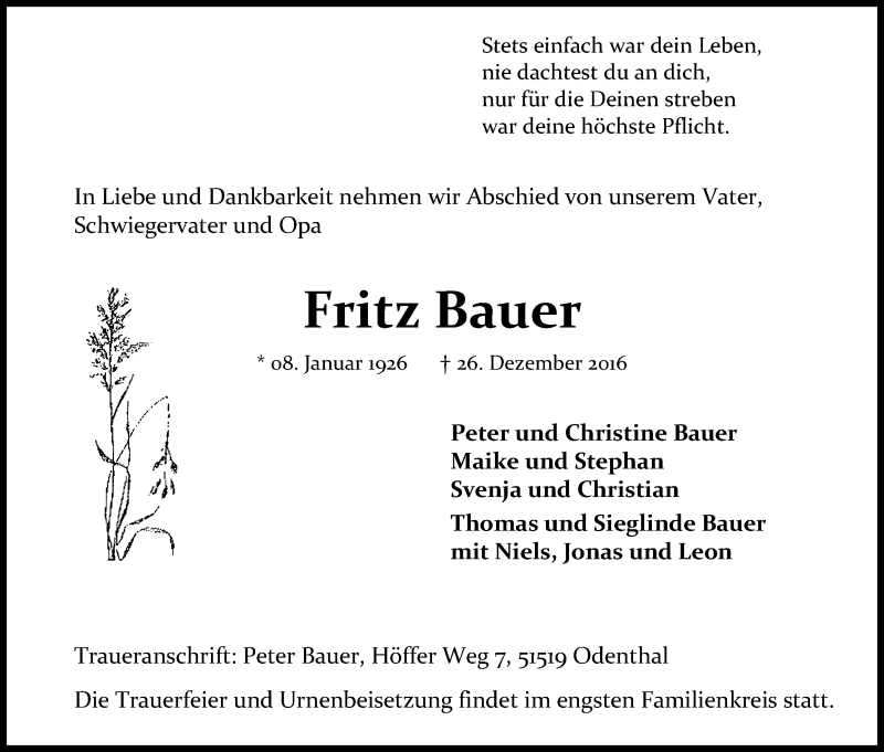  Traueranzeige für Fritz Bauer vom 31.12.2016 aus Kölner Stadt-Anzeiger / Kölnische Rundschau / Express