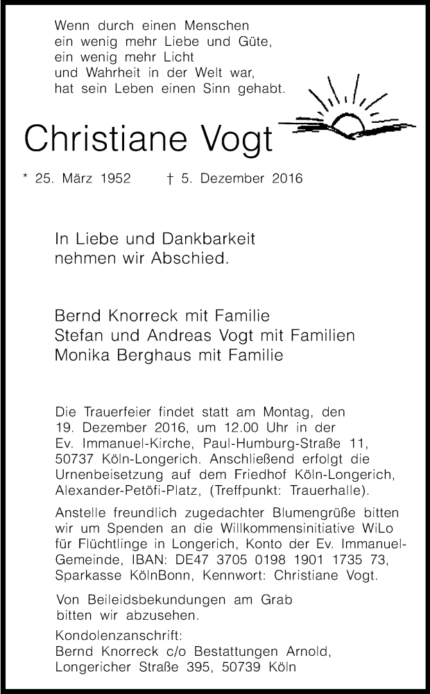  Traueranzeige für Christiane Vogt vom 10.12.2016 aus Kölner Stadt-Anzeiger / Kölnische Rundschau / Express