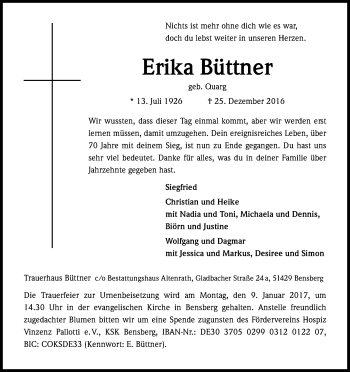 Anzeige von Erika Büttner von Kölner Stadt-Anzeiger / Kölnische Rundschau / Express