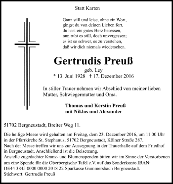 Anzeige von Gertrudis Preuß von Kölner Stadt-Anzeiger / Kölnische Rundschau / Express