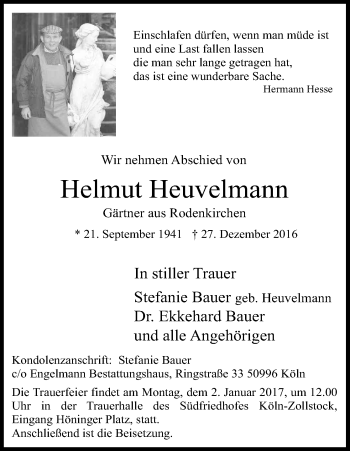 Anzeige von Helmut Heuvelmann von Kölner Stadt-Anzeiger / Kölnische Rundschau / Express