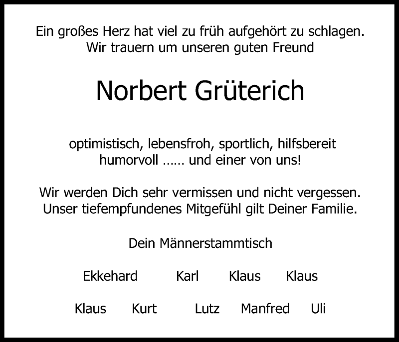  Traueranzeige für Norbert Grüterich vom 31.12.2016 aus Kölner Stadt-Anzeiger / Kölnische Rundschau / Express