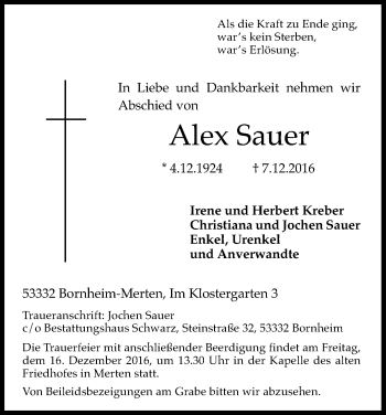 Anzeige von Alex Sauer von Kölner Stadt-Anzeiger / Kölnische Rundschau / Express