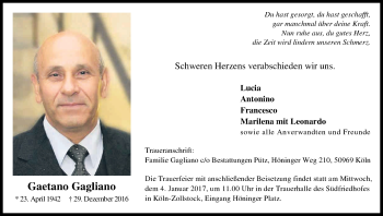 Anzeige von Gaetano Gagliano von Kölner Stadt-Anzeiger / Kölnische Rundschau / Express
