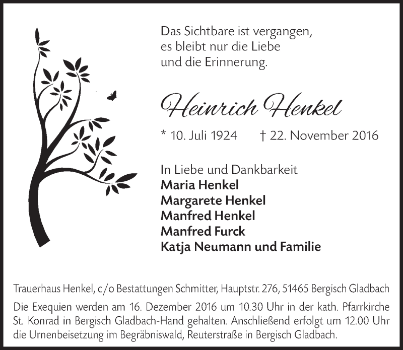  Traueranzeige für Heinrich Henkel vom 10.12.2016 aus  Bergisches Sonntagsblatt 