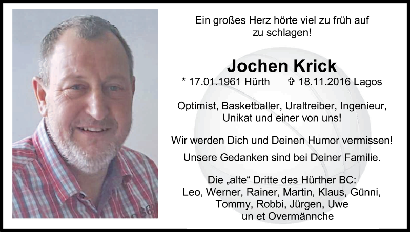  Traueranzeige für Jochen Krick vom 10.12.2016 aus Kölner Stadt-Anzeiger / Kölnische Rundschau / Express