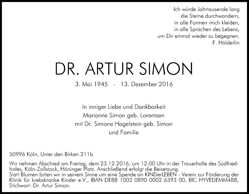  Traueranzeige für Arthur Simon vom 17.12.2016 aus Kölner Stadt-Anzeiger / Kölnische Rundschau / Express