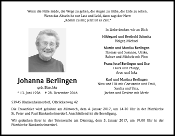 Anzeige von Johanna Berlingen von Kölner Stadt-Anzeiger / Kölnische Rundschau / Express