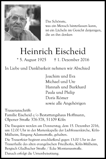 Anzeige von Heinrich Eischeid von Kölner Stadt-Anzeiger / Kölnische Rundschau / Express