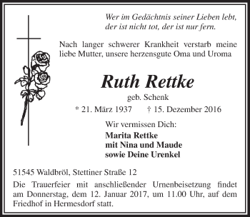 Anzeige von Ruth Rettke von  Lokalanzeiger 