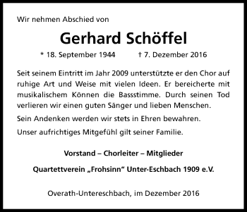 Anzeige von Gerhard Schöffel von Kölner Stadt-Anzeiger / Kölnische Rundschau / Express