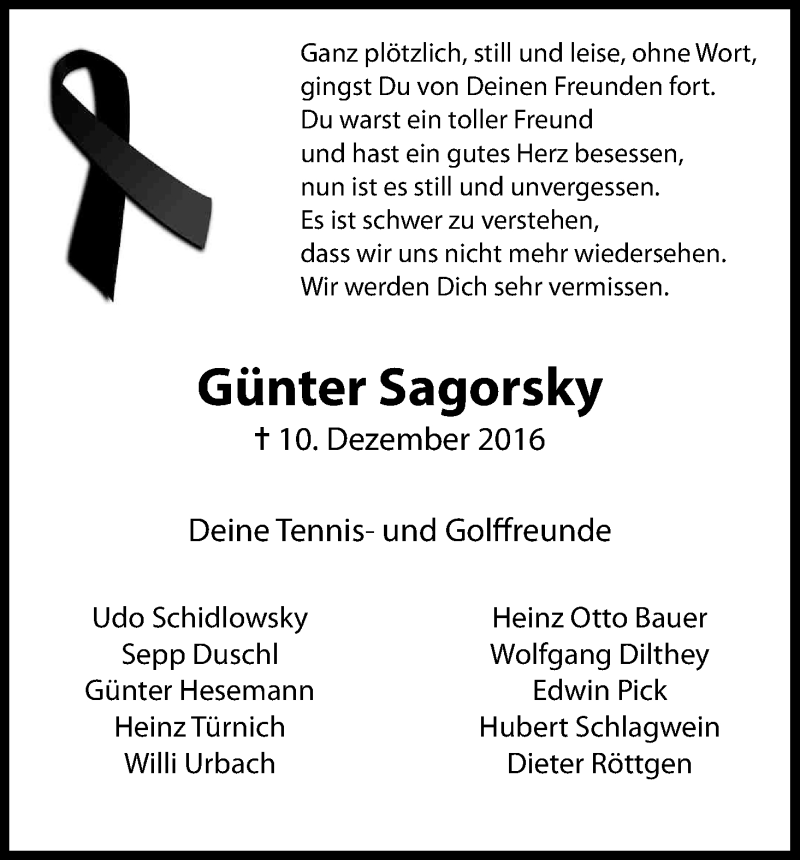  Traueranzeige für Günter Sagorsky vom 17.12.2016 aus Kölner Stadt-Anzeiger / Kölnische Rundschau / Express