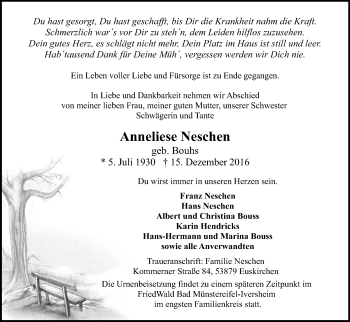 Anzeige von Anneliese Neschen von Kölner Stadt-Anzeiger / Kölnische Rundschau / Express