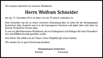 Anzeige von Wolfram Schneider von Kölner Stadt-Anzeiger / Kölnische Rundschau / Express