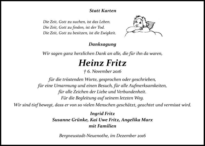  Traueranzeige für Heinz Fritz vom 21.12.2016 aus  Anzeigen Echo 