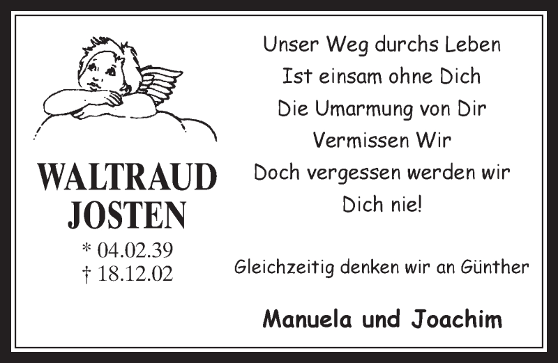  Traueranzeige für Waltraud Josten vom 21.12.2016 aus  Werbepost 