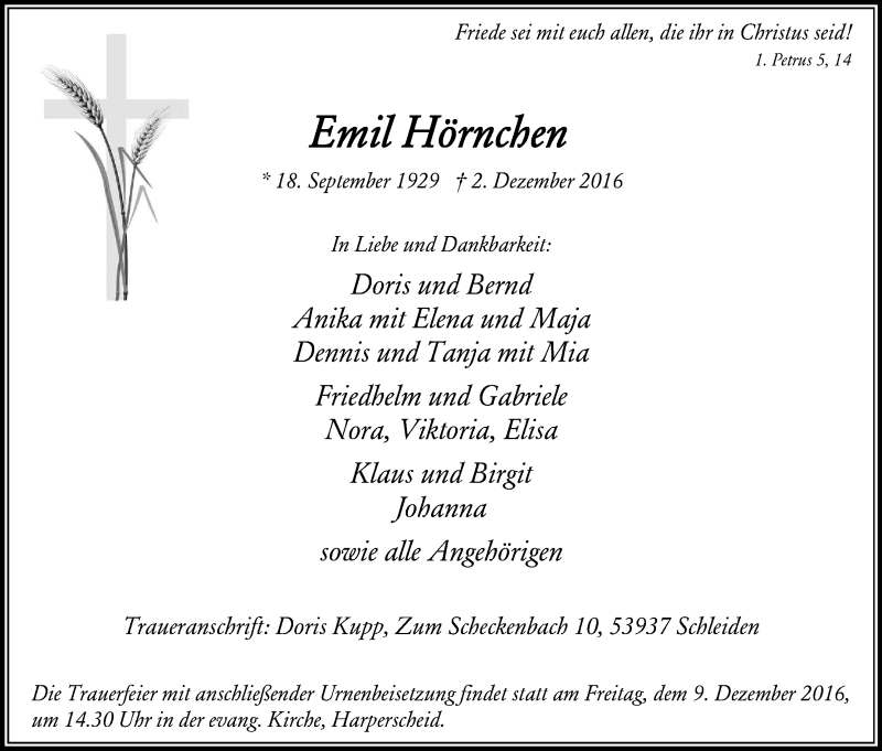  Traueranzeige für Emil Hörnchen vom 07.12.2016 aus Kölner Stadt-Anzeiger / Kölnische Rundschau / Express
