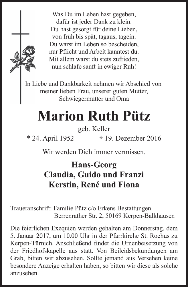  Traueranzeige für Marion Ruth Pütz vom 31.12.2016 aus  Sonntags-Post 
