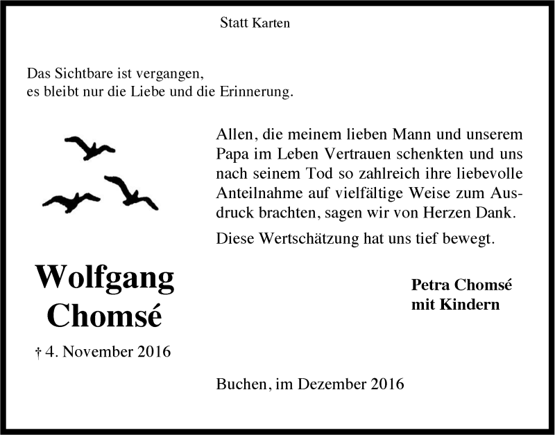  Traueranzeige für Wolfgang Chomsé vom 14.12.2016 aus  Anzeigen Echo 