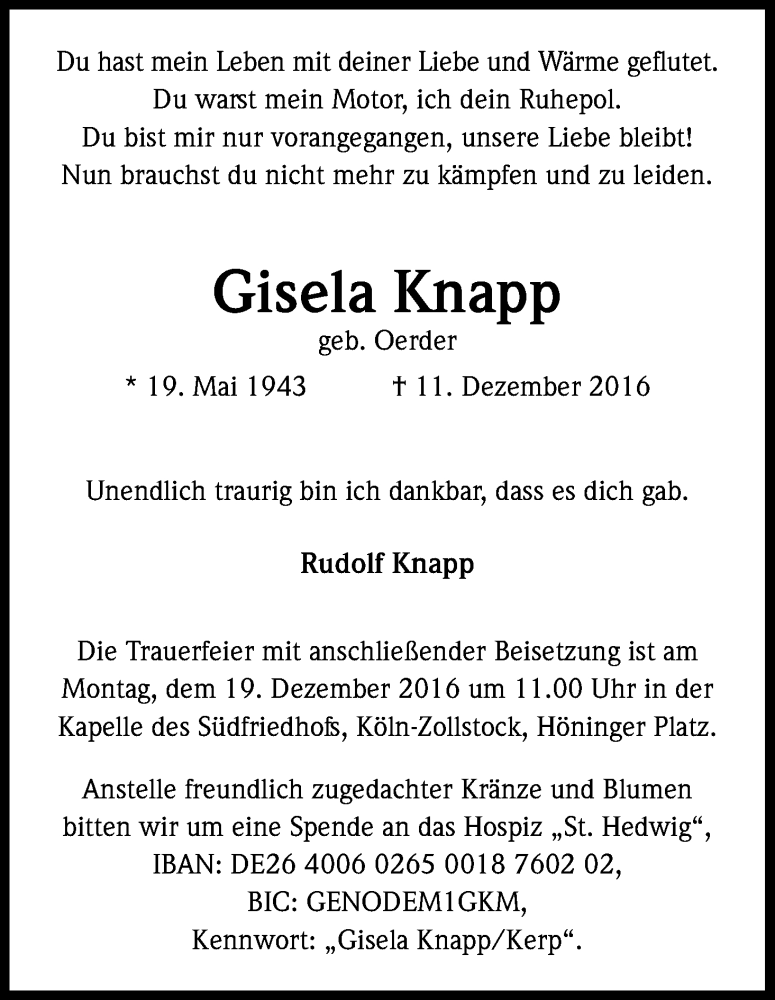  Traueranzeige für Gisela Knapp vom 16.12.2016 aus Kölner Stadt-Anzeiger / Kölnische Rundschau / Express