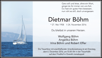 Anzeige von Dietmar Böhm von  Bergisches Sonntagsblatt 