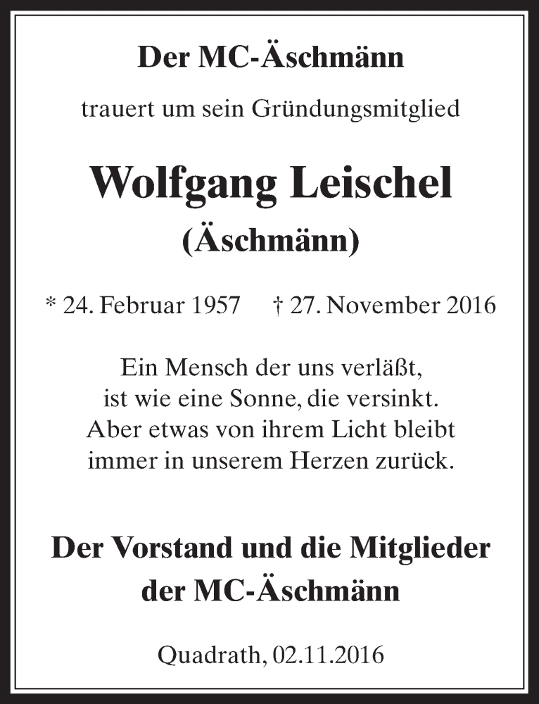  Traueranzeige für Wolfgang Leischel vom 07.12.2016 aus  Werbepost 