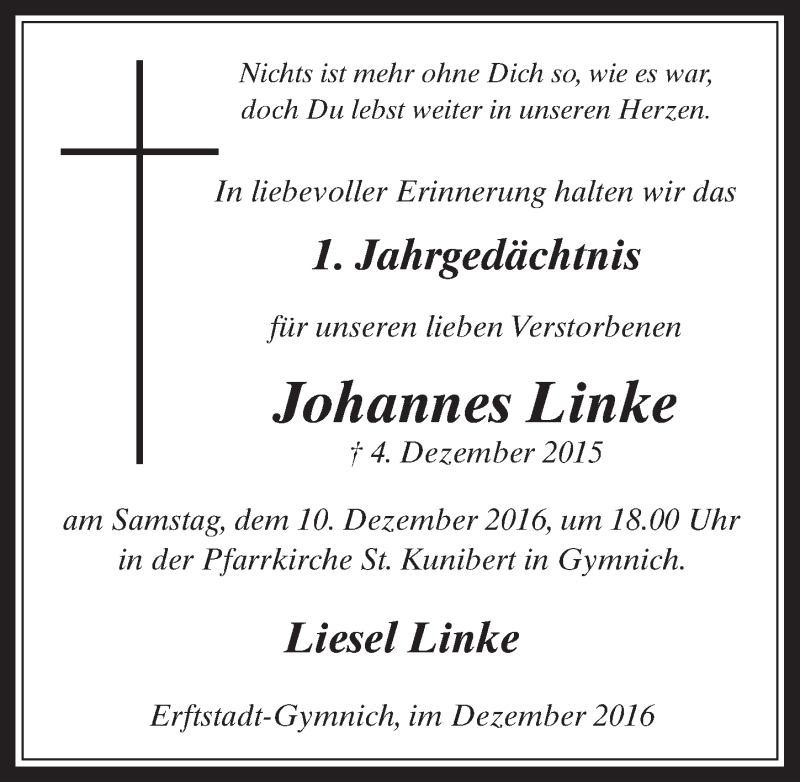  Traueranzeige für Johannes Linke vom 07.12.2016 aus  Werbepost 