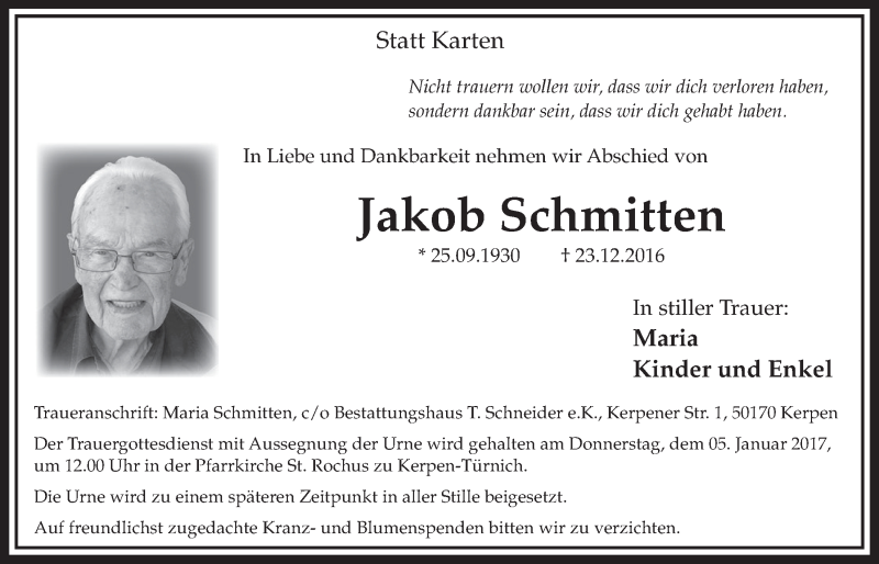  Traueranzeige für Jakob Schmitten vom 31.12.2016 aus  Sonntags-Post 