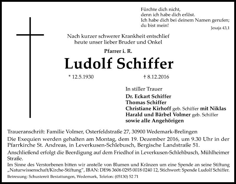  Traueranzeige für Ludolf Schiffer vom 14.12.2016 aus Kölner Stadt-Anzeiger / Kölnische Rundschau / Express
