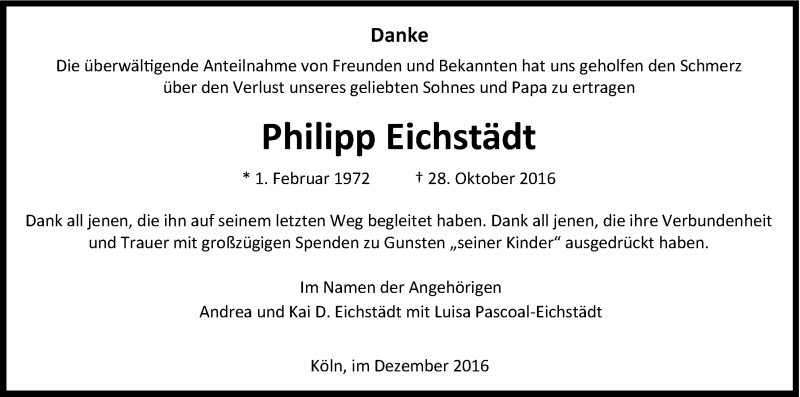  Traueranzeige für Philipp Eichstädt vom 10.12.2016 aus Kölner Stadt-Anzeiger / Kölnische Rundschau / Express