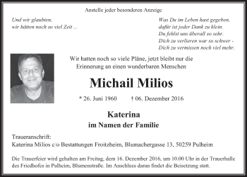 Anzeige von Michail Milios von  Wochenende 