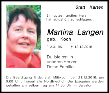 Anzeige von Martina Langen von Kölner Stadt-Anzeiger / Kölnische Rundschau / Express