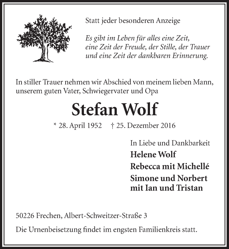  Traueranzeige für Stefan Wolf vom 31.12.2016 aus  Sonntags-Post 