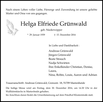 Anzeige von Helga Elfriede Grünwald von Kölner Stadt-Anzeiger / Kölnische Rundschau / Express