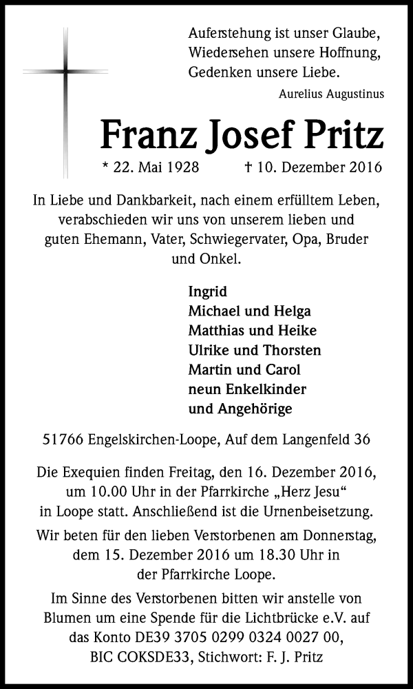  Traueranzeige für Franz Josef Pritz vom 14.12.2016 aus Kölner Stadt-Anzeiger / Kölnische Rundschau / Express