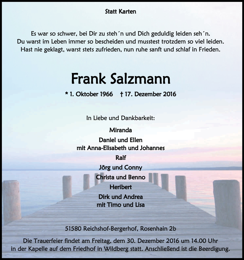  Traueranzeige für Frank Salzmann vom 24.12.2016 aus Kölner Stadt-Anzeiger / Kölnische Rundschau / Express