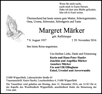 Anzeige von Margret Märker von Kölner Stadt-Anzeiger / Kölnische Rundschau / Express