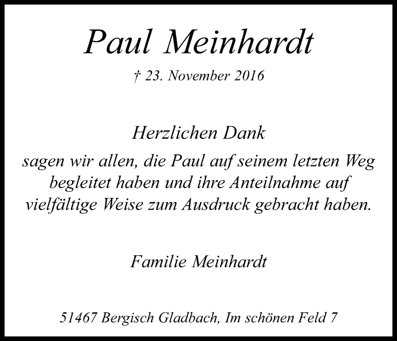  Traueranzeige für Paul Meinhardt vom 21.12.2016 aus Kölner Stadt-Anzeiger / Kölnische Rundschau / Express