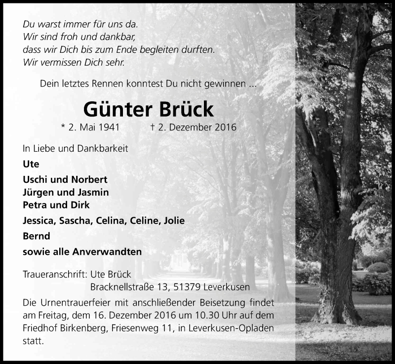  Traueranzeige für Günter Brück vom 10.12.2016 aus Kölner Stadt-Anzeiger / Kölnische Rundschau / Express