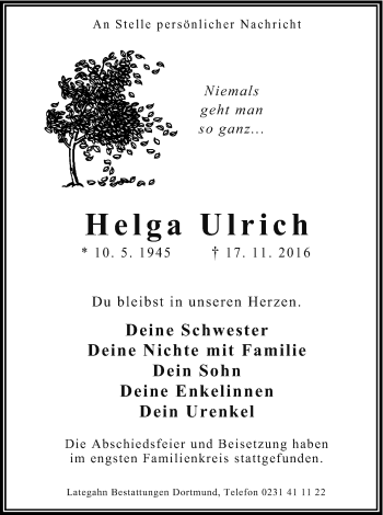 Anzeige von Helga Ulrich von Kölner Stadt-Anzeiger / Kölnische Rundschau / Express