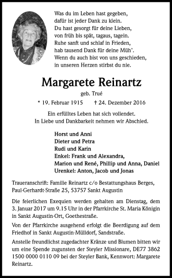 Anzeige von Margarete Reinartz von Kölner Stadt-Anzeiger / Kölnische Rundschau / Express